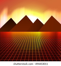 Mount Desert that look like pyramids on the background of sunset. Beautiful sunrise. Vector illustration
