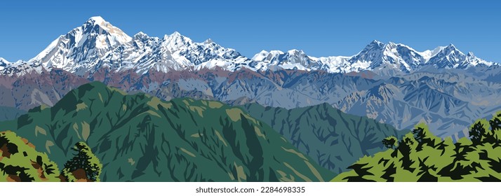 Mount Dhaulagiri and Mt Annapurna peaks as seen from Jaljala pass vector illustration, Nepal Himalayas mountains