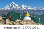 Mount Dhaulagiri peak and buddhist stupa or chorten with prayer flags and three hikers climbers travelers tourists or mountaineers, Buddhism in Nepal himalayas mountains