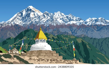 Mount Dhaulagiri peak and buddhist stupa or chorten and prayer flags, Buddhism in Nepal himalayas mountains