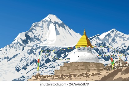 Mount Dhaulagiri peak and buddhist stupa or chorten with prayer flags, Buddhism in Nepal himalayas mountains