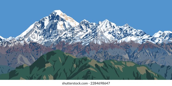 Mount Dhaulagiri peak as seen from Jaljala pass vector illustration, Nepal Himalayas mountains