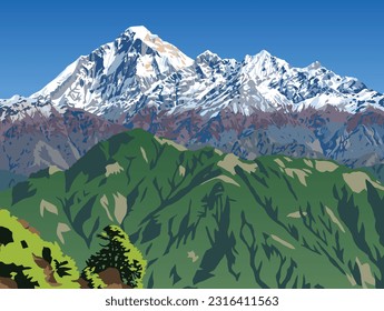 Mount Dhaulagiri peak as seen from Jaljala pass vector illustration, Nepal Himalayas mountains