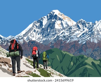 Mount Dhaulagiri peak as seen from Jaljala pass and three hikers vector illustration, Nepal Himalayas mountains