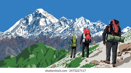 Mount Dhaulagiri peak as seen from Jaljala pass and three hikers vector illustration, Nepal Himalayas mountains