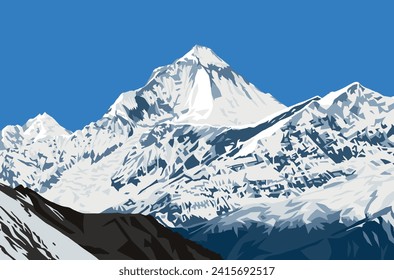 El pico del Monte Dhaulagiri visto cerca del paso de Thorung La, el circuito de Mount Annapurna, la ilustración del vector, las montañas Nepal Himalayas