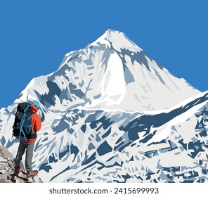 El pico del Monte Dhaulagiri visto cerca del paso de Thorung La y el senderismo, el circuito de Mount Annapurna, ilustración vectorial, montañas Nepal Himalayas