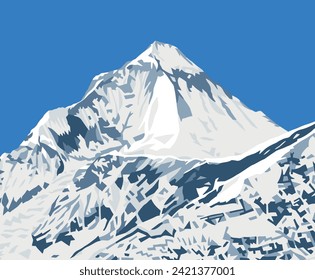 Mount Dhaulagiri peak as seen near Thorung La pass, Mount Annapurna circuit trekking trail, vector illustration, Nepal Himalayas mountains