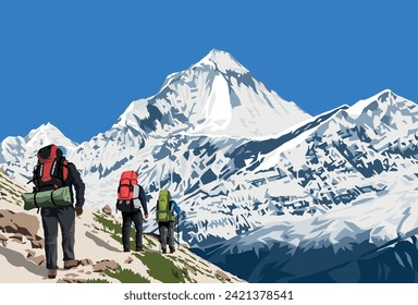 Mount Dhaulagiri peak as seen near Thorung La pass and three hikers, Mount Annapurna circuit trekking trail, vector illustration, Nepal Himalayas mountains