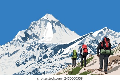 Mount Dhaulagiri peak as seen near Thorung La pass and three hikers, Mount Annapurna circuit trekking trail, vector illustration, Nepal Himalayas mountains