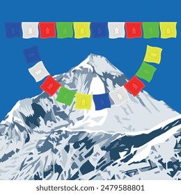 Mount Dhaulagiri peak as seen near Thorung La pass with buddhist prayer flags, Mount Annapurna circuit trekking trail, vector illustration, Nepal Himalayas mountains