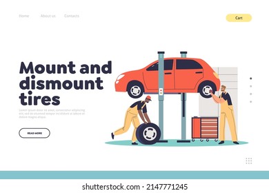 Mount and discount tires concept of landing page with roadside vehicle repair service workers change wheel garage for car. Male replace tyre at mechanic workshop. Cartoon flat vector illustration