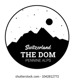 Mount Dom. Vector illustration of a mountain in Switzerland. Black and white print design.