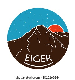 Mount Eiger in Alps, Switzerland outdoor adventure logo. Round hiking vector insignia. Climbing, trekking, hiking, mountaineering and other extreme activities logo template