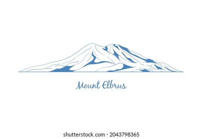 Mount Elbrus, popular peak for climbing. Mountain graphic illustration. Stylized vector mountain drawing for logo, emblem, banner for mountain climbing, hiking trails, in linear style.