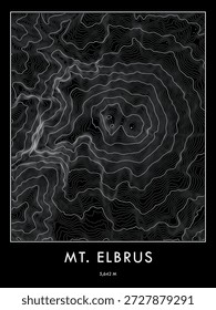 Mapa topográfico do Monte Elbrus impresso em tema escuro. Linhas de contorno minimalistas arte.