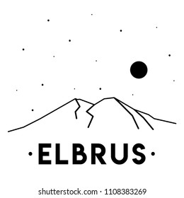 Mount Elbrus. Vector black and white illustration of mountains in Russia. Print design. Nature. 