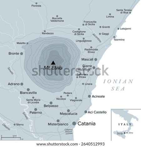 Mount Etna, gray political map. Etna, also called Mongibello, an active stratovolcano on east coast of Sicily, Italy, in the Metropolitan City of Catania. One of tallest active volcanoes in Europe.