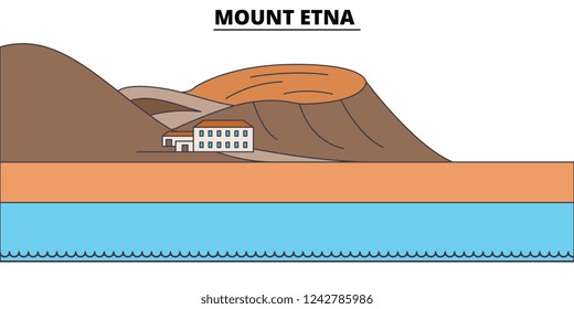 Mount Etna  line travel landmark, skyline, vector design. Mount Etna  linear illustration. 