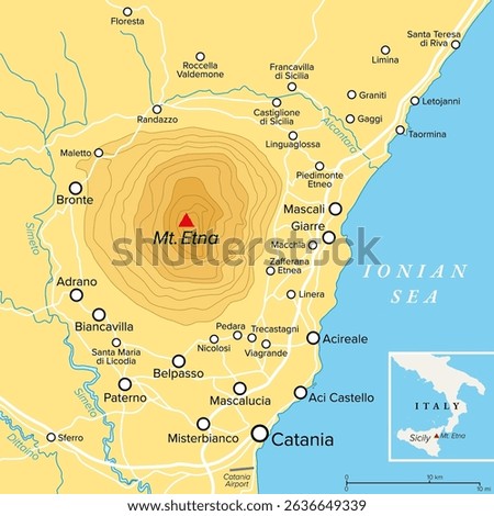 Mount Etna, political map. Etna, also called Mongibello, an active stratovolcano on the east coast of Sicily, Italy, in the Metropolitan City of Catania. One of the tallest active volcanoes in Europe.