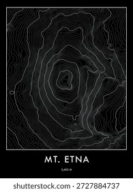 Impressão do mapa topográfico do Monte Etna em tema escuro. Linhas de contorno minimalistas arte.