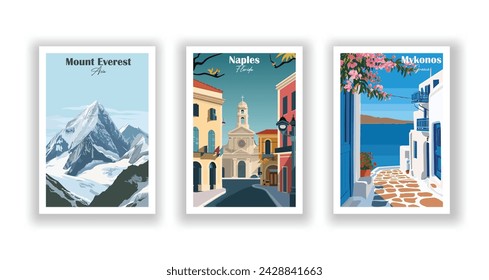 Mount Everest, Asia. Mykonos, Greece. Naples, Florida - Vintage travel poster. Vector illustration. High quality prints