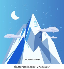 Mount Everest With Clear Night Sky And Star. Highest Mountain In The World - Vector Illustration