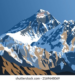 Monte Everest desde el pico de Gokyo, ilustración vectorial, valle de Khumbu, zona del Everest, montañas himalayas de Nepal