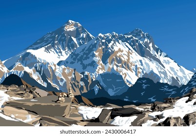 Mount Everest and Lhotse from Gokyo peak, vector illustration, Khumbu valley, Everest area, Nepal himalayas mountains