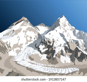 mount Everest, Lhotse and Nuptse from Nepal side as seen from Pumori base camp, vector illustration, Mt Everest 8,848 m, Khumbu valley, Sagarmatha national park, Nepal Himalayas mountains