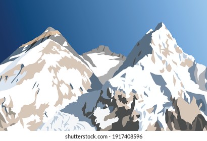 mount Everest, Lhotse and Nuptse from Nepal side as seen from Pumori base camp, vector illustration, Mt Everest 8,848 m, Khumbu valley, Sagarmatha national park, Nepal Himalayas mountains