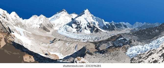 mount Everest Lhotse and Nuptse from Nepal side as seen from Pumori base camp, vector illustration, Mt Everest 8,848 m, Khumbu valley, Sagarmatha national park, Nepal Himalaya mountain