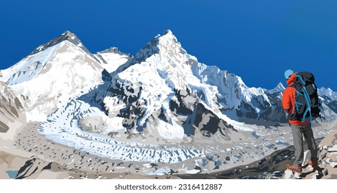 mount Everest Lhotse and Nuptse from Nepal side as seen from Pumori base camp with hiker, vector illustration, Mt Everest 8,848 m, Khumbu valley, Sagarmatha national park, Nepal Himalaya mountain