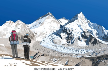 mount Everest Lhotse and Nuptse from Nepal side as seen from Pumori base camp with two hikers, vector illustration, Mt Everest 8,848 m, Khumbu valley, Sagarmatha national park, Nepal Himalaya mountain