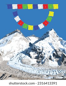 mount Everest Lhotse and Nuptse from Nepal side as seen from Pumori base camp with prayer flags, vector illustration, Mt Everest 8,848 m, Khumbu valley, Sagarmatha national park, Nepal Himalayas