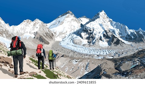 monte Everest Lhotse y Nuptse de Nepal visto desde el campamento base de Pumori con tres excursionistas, ilustración vectorial, Mt Everest 8.848 m, valle de Khumbu, montañas Nepal Himalayas