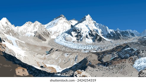 mount Everest Lhotse and Nuptse from Nepal side as seen from Pumori base camp, vector illustration, Mt Everest 8,848 m, Khumbu valley, Sagarmatha national park, Nepal Himalaya mountain