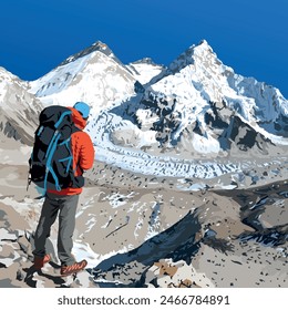 mount Everest Lhotse and Nuptse from Nepal side as seen from Pumori base camp with hiker, vector illustration, Mt Everest 8,848 m, Khumbu valley, Sagarmatha national park, Nepal Himalayas mountains