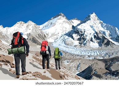 Mount Everest, Lhotse Peak und Mt Nuptse aus dem Basislager Pumori mit drei Wanderern, Bergsteigern, Bergsteigern, Vektorgrafiken-Illustration, Mt Everest 8.848 m, Khumbu-Tal, Nepal Himalayas Berge