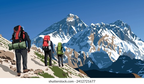 mount Everest and Lhotse as seen from gokyo valley with three hikers, vector illustration, Mt Everest 8,848 m, Khumbu valley, Nepal Himalayas mountains