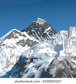 mount Everest mountain top from Nepal side as seen from Kala Patthar peak, vector illustration, Mt Everest 8,848 m, Khumbu valley, Sagarmatha national park, Nepal Himalayas mountains