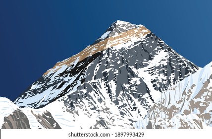 mount Everest from Nepal side as seen from gokyo, vector illustration, Mt Everest 8,848 m, Khumbu valley, Sagarmatha national park, Nepal Himalayas mountains
