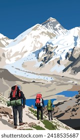 mount Everest from Nepal side as seen from mount Kala Patthar with three hikers, vector illustration, Mt Everest 8,848 m, Khumbu valley, Nepal Himalayas mountains