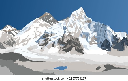 mount Everest and Nuptse from Nepal side as seen from Kala Patthar peak, vector illustration, Mt Everest 8,848 m, Khumbu valley, Sagarmatha national park, Nepal Himalaya mountain