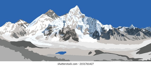 Mount Everest And Nuptse From Nepal Side As Seen From Kala Patthar Peak, Vector Illustration, Mt Everest 8,848 M, Khumbu Valley, Sagarmatha National Park, Nepal Himalaya Mountain