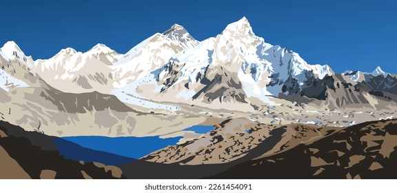 mount Everest and Nuptse from Nepal side as seen from Kala Patthar peak, vector illustration, Mt Everest 8,848 m, Khumbu valley, Sagarmatha national park, Nepal Himalaya mountain