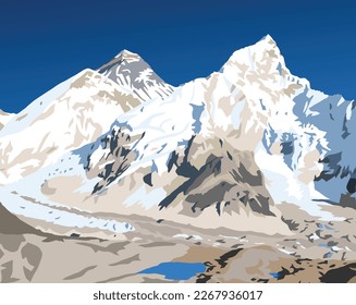mount Everest and Nuptse from Nepal side as seen from Kala Patthar peak, vector illustration, Mt Everest 8,848 m, Khumbu valley, Sagarmatha national park, Nepal Himalaya mountain
