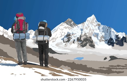 mount Everest and Nuptse from Nepal side as seen from Kala Patthar peak and two tourists with big backpacks, vector illustration, Nepal Himalaya mountain