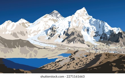 mount Everest and Nuptse from Nepal side as seen from Kala Patthar peak, vector illustration, Mt Everest 8,848 m, Khumbu valley, Sagarmatha national park, Nepal Himalaya mountain