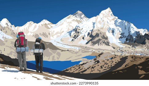 mount Everest and Nuptse from Nepal side as seen from Kala Patthar peak and two tourists with big backpacks, vector illustration, Nepal Himalaya mountain